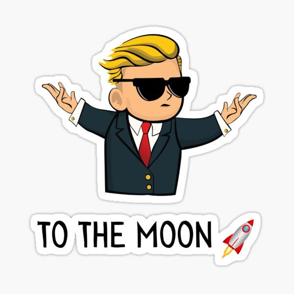 A picture of the WallStreetBets logo with a caption “To the Moon” with a rocket ship emoji below. The logo is a picture of an animated character with blonde hair and black wayfayer sunglasses holding up both hands in the air, while wearing a black suit, with white dress shirt, and red tie. The image is meant to mimic Leonardo DiCaprio’s character in the Wolf of Wall Street — Jordan Belfort — a notoriously unscrupulous figure in the 1980s/1990s Wall Street world who took outlandish gambles.