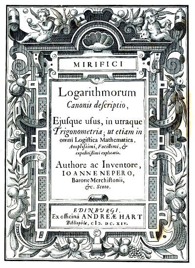 The story of logarithms: Cover of Napier’s Book: Mirifici Logarithmorum Canonis Descriptio that was published in 1614