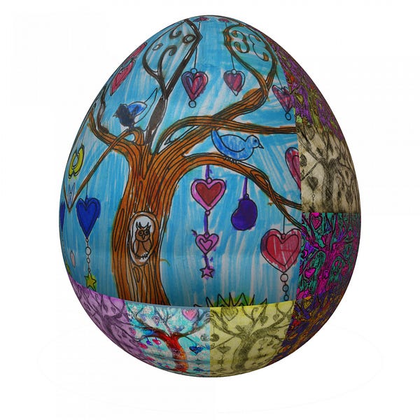 An antique Easter egg with hand-drawn images of a tree, an owl, and hearts