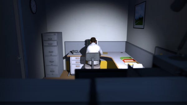 Screenshot from the Stanley Parable. Stanley sits at his desk on his computer in his office.