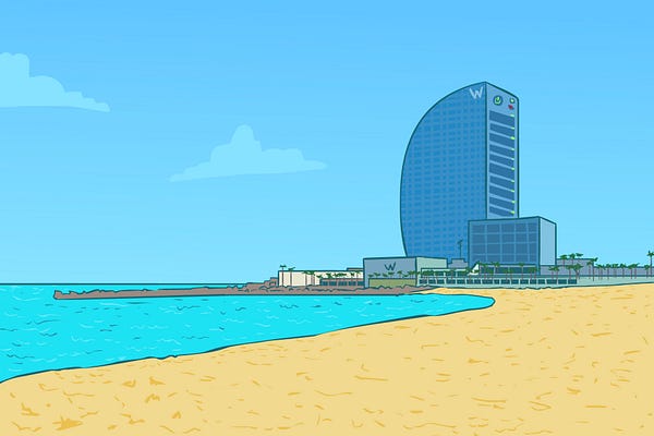 Barcelona illustration with W hotel and the beach