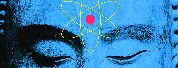 Image of buddha meditating (eyes) with symbol of an atom positioned in the third eye of the forehead. Red nucleus with yellow electrons circling.