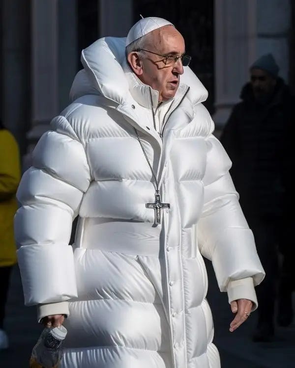 An AI generated image of Pope Francis wearing a white puffer jacket