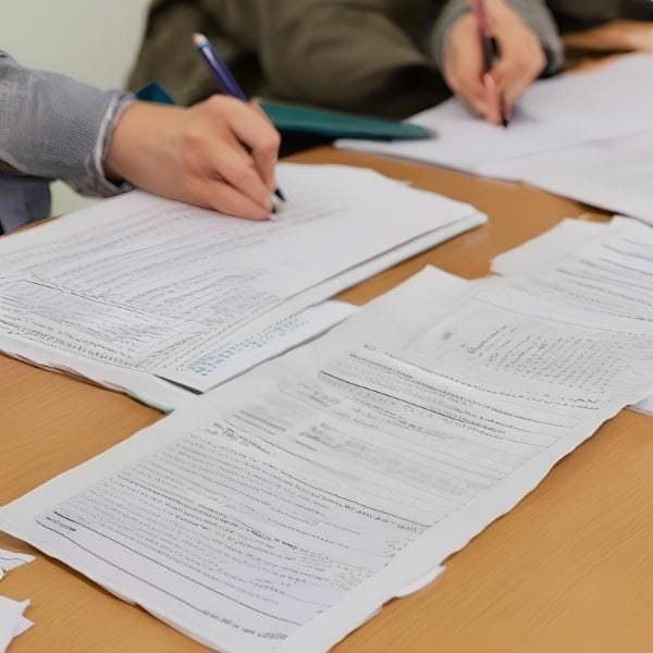 Test sheets flying on brown table on which a human hand is writing.