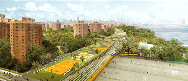 3) Rendering of what it would look like to have the park extending over and covering the six-lane FDR Drive that runs alongside East River Park and housing on the Lower East Side. This covering could cut noise and emissions to a neighborhood with high rates of asthma and upper respiratory ailments from highway fumes and the ConEd plant nearby.