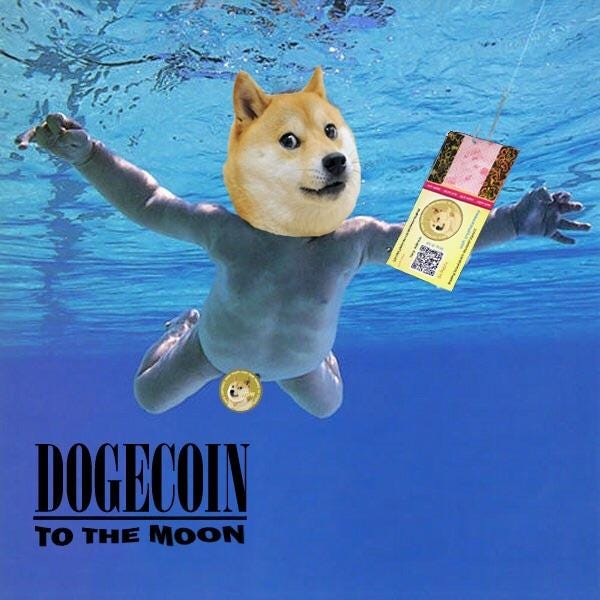 A meme of the Dogecoin dog superimposed on top of a baby floating in a pool. It is a spin off of Nirvana’s “Nevermind” album cover.
