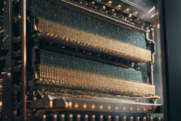 Representation of a futuristic loom. The loom is depicted with threads that resemble circuitry, intertwining and creating a complex network of connections similar to a computer motherboard