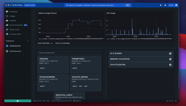 Dockasaurus RX Docker Desktop Extension displayed in Dark Mode on a vibrant background. The animation showcases a user’s screen capture, demonstrating the application’s responsive resizing and functionality.