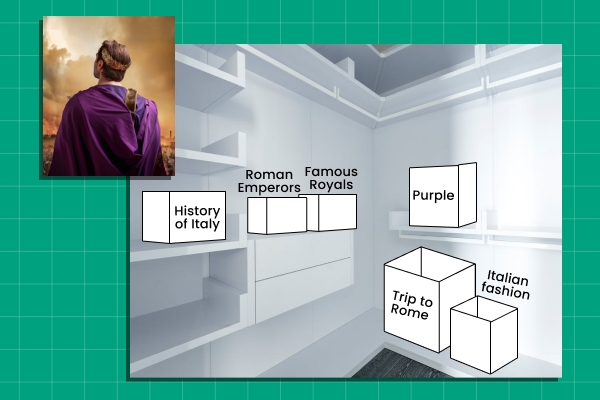 Roman emperor wearing purple, and closet with various boxes