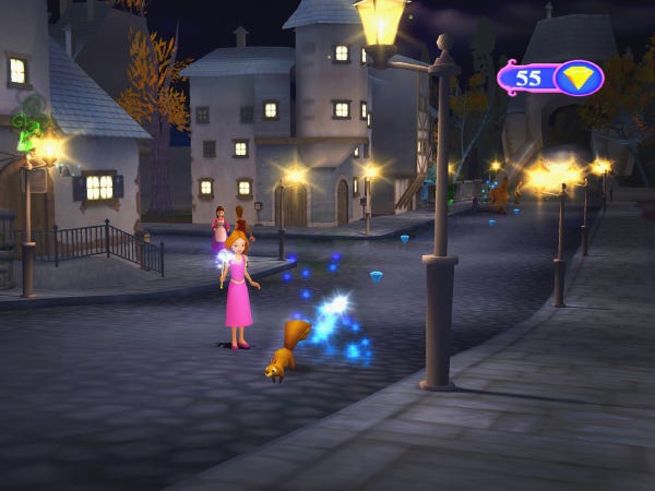 A screenshot from the game Disney Princess: Enchanted Journey. A princess in a pink dress is casting blue magic on a brown squirrel. The background is a dark street, with grey buildings, cobbles, and lampposts that are shining yellow lights.