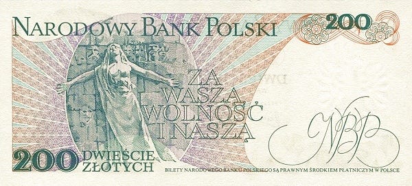 Paper currency denominated as 200 zloty which depicts the female figure in relief from the monument to victims of revolutions in Paris.