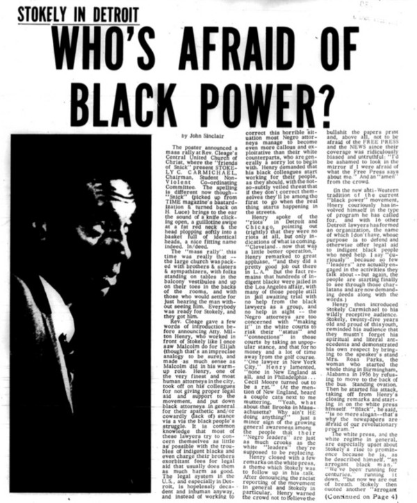 Picture of a page from The Fifth Estate. Headline says Stokely in Detroit and Who’s Afraid of Black Power? And the article is by John Sinclair.
