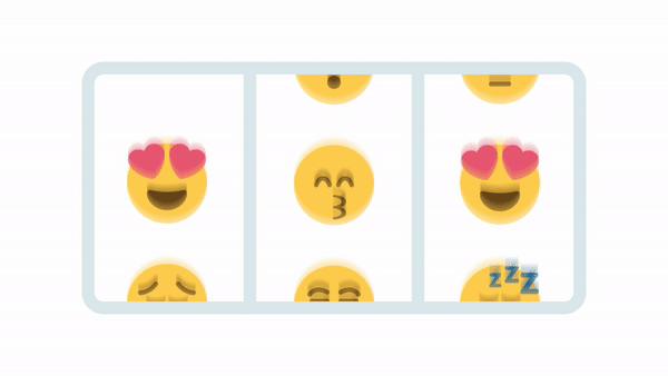 Animation of emoji slot machine landing on a win of three matching, heart-eyed, grinning emojis.