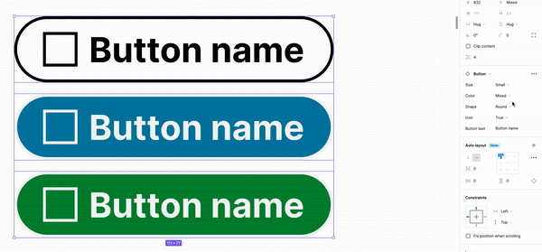 An animated gif shows three generic buttons in different colors each labeled “Sample text.” One by one, the user types into the properties panel to change the content on each one to say “Button 1,” “Button 2,” and “Button 3.”