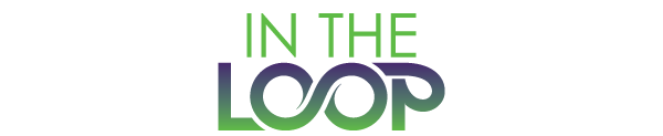 Text In The Loop, in purple and green with a swoop design for the two o’s in the middle.