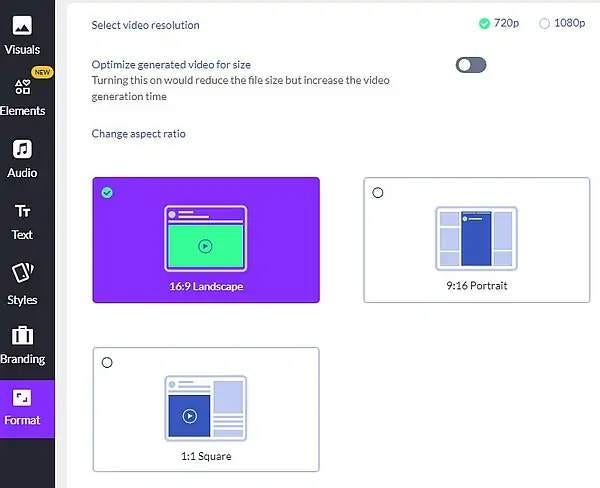 pictory change format options