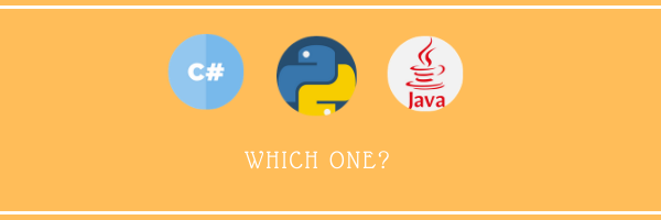 Simple image with icon of C#, Python and Java programming Language. There is a text that says “Which one?”