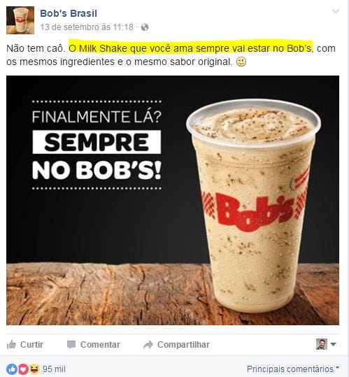 Bob's perde milk-shake de Ovomaltine para o McDonald's