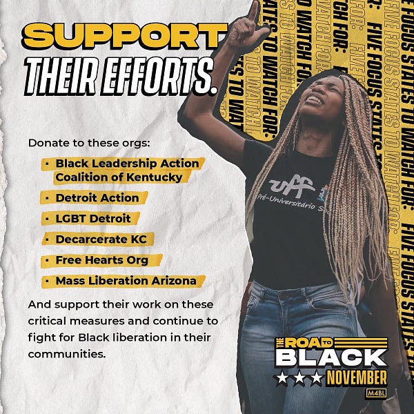Donate to these orgs: Black Leadership Action Coalition of Kentucky Detroit Action LGBT Detroit Decarcerate KC Free Hearts Org Mass Liberation Arizona And support their work on these critical measures and continue to fight for Black liberation in their communities.
