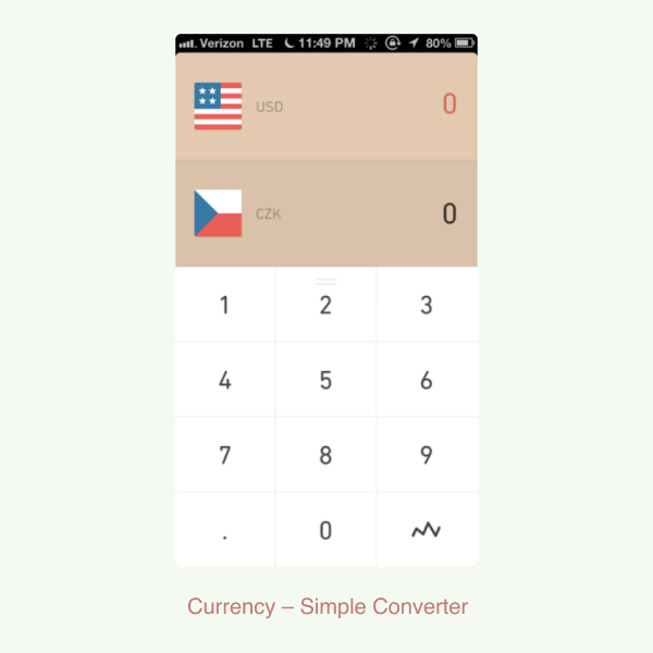The image displays a mobile currency converter app from 2013, called “Currency — Simple Converter.” The design is minimalistic and flat, featuring a simple keypad and options to convert between USD and CZK currencies.
