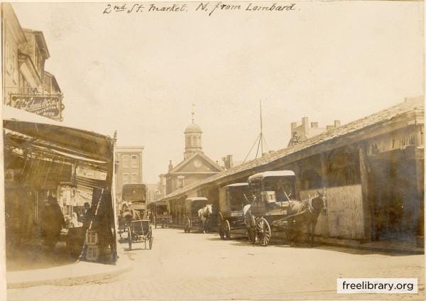 A sepia toned photograph depicting covered merchant stalls in an open market during daylight hours. Horse drawn carriages, signs for resturaunts, and brick buildings (one with a visible clock face) are included.