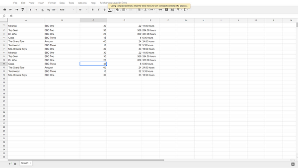 How the spreadsheet looks
