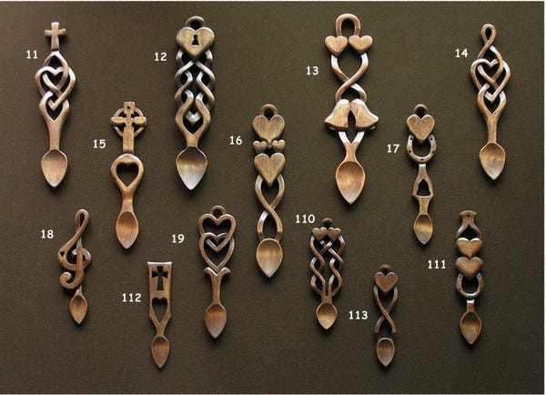 Some of the hundreds of love spoon designs.