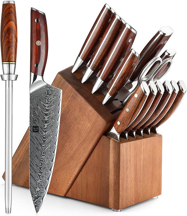 XINZUO Damascus 15-pc Kitchen Knife Set with Acacia Wood Knife Block, 67 Layers Damascus Steel Sharp Professional Cooking Knife Set -Multifunctional Kitchen — Best Knife Sets on Amazon — WALFOSBRAND.COM