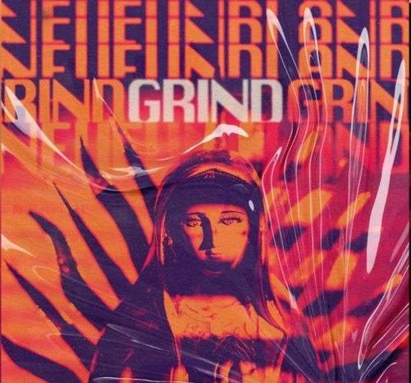 Neufundland “Grind” album cover; nesting doll with sunset-colored and plastic-waves filter and “NEUFUNDLAND GRINDGRINDGRIND NEUFUNDLAND” text at top