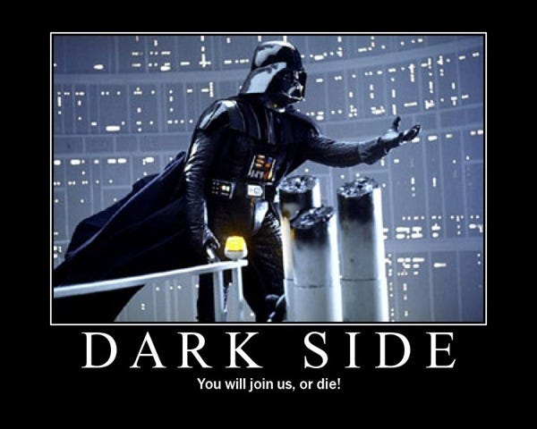 Image of Darth Vader standing on a balcony inviting people to join the Dark Side or they will die.