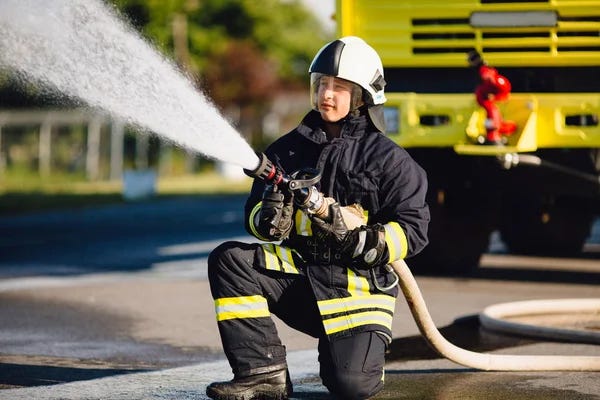 A stock photo of a firefighter spraying a water line