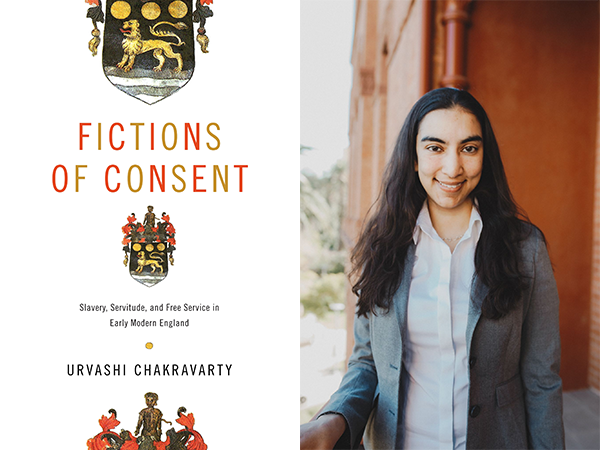 A Headshot of Urvashi Chakravarty next to the cover of Fictions of Consent.