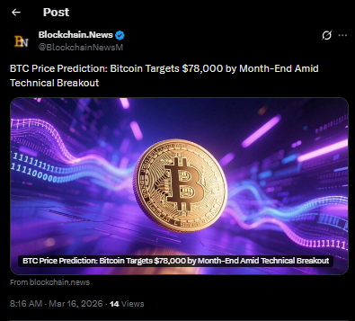 BTC Price Prediction: Bitcoin Targets $78,000 by Month-End Amid Technical Breakout