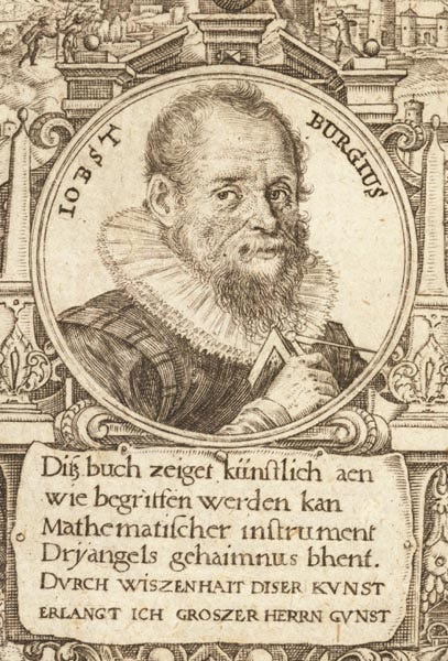 The story of logarithms: A portrait of Jost Bürgi with german text written underneath it.