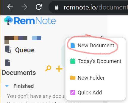 RemNote Tip：滑鼠移到左上角 Documents 上的「+」號就跳出選單，新增一個文件（New Document）