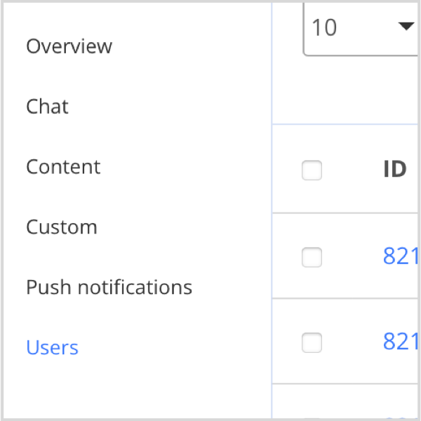 QuickBlox dashboard — “Users” item in side menu bar