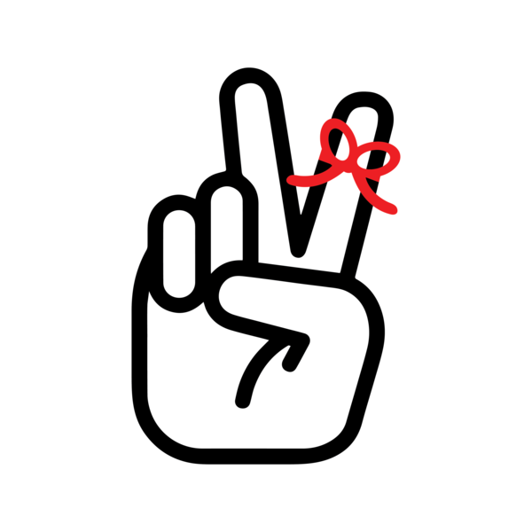 The Twos app logo. Two fingers raised with a red thread tied around them.