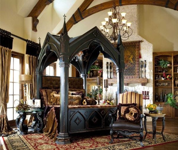 Gothic bedroom with a antique bed, dark black finish.