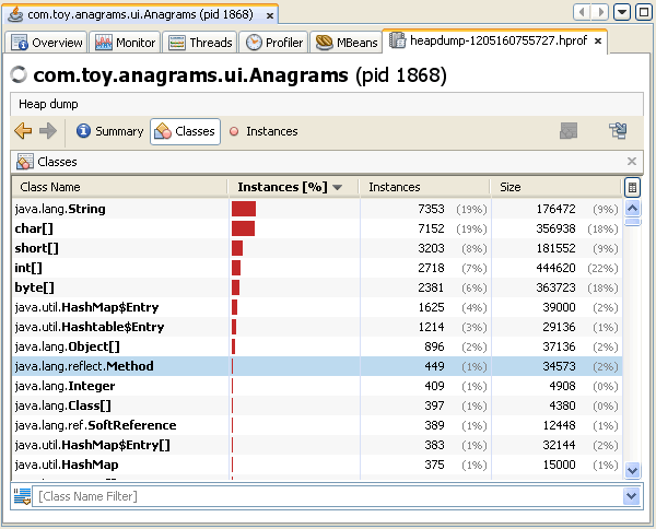 Heap dump analysis screen