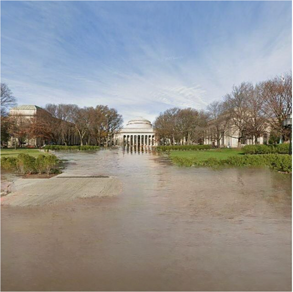 AI generated image of MIT’s Dome flooded
