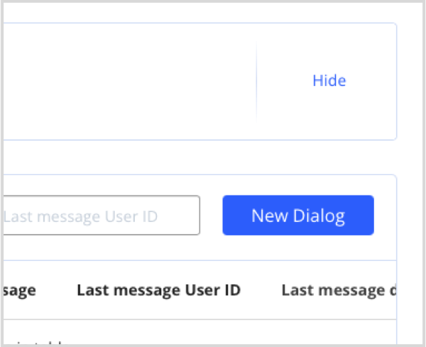 QuickBlox dashboard showing “New Dialog” button