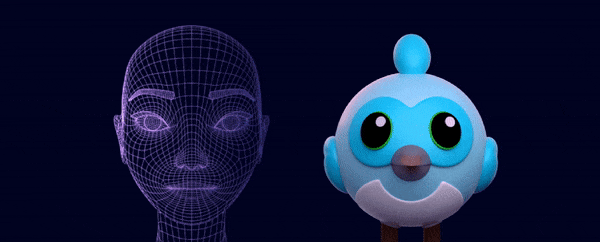 On the left is a face that moves to the left, then right, up, down, blinks, then opens its mouth. Dash mimics the same movements as the face on the left moves.