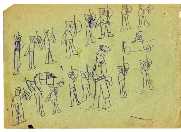 Drawing by a child from the Papers of Genia Silkes, Subseries 2: Children’s Drawings of the War, undated, 1946. Courtesy of YIVO.