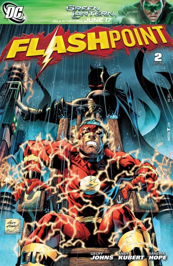 Batman electrocutes The Flash on the cover of Flashpoint: Issue 2