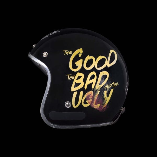 The good, the bad, the ugly, citation painted on an helmet.
