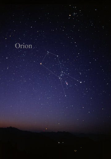 The constellation of Orion as it can be seen by the naked eye. Lines h