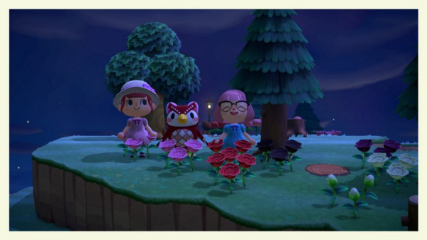 Beth and her friend’s characters stand on a green plateau amid trees, with the visiting NPC, Celeste, a red owl.