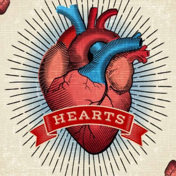 Illustration of a heart over an oval of rays with a banner across the bottom that says “Hearts”