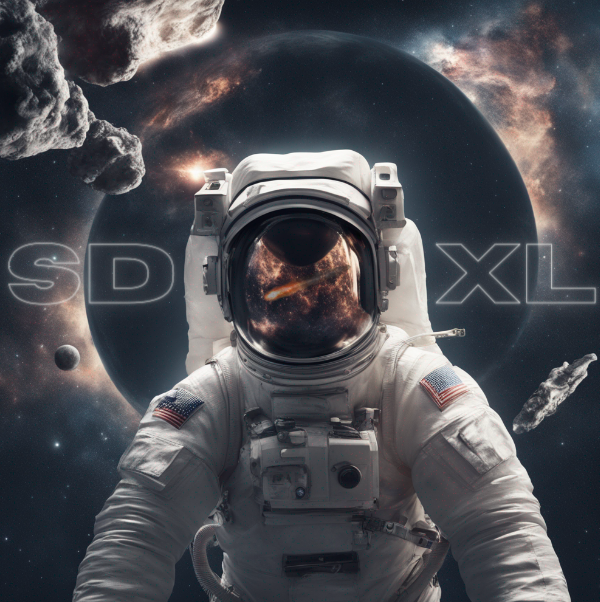 Realistic picture of an American astronaut in outerspace with planets and stars and meteorites and meteors in the background and a light halo around the astronaut. In the astronaut’s helmet is the reflection of a fiery orange comet. “SDXL” is outlined in white in the background.