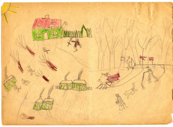 Drawing by a child from the Papers of Genia Silkes, Subseries 2: Children’s Drawings of the War, undated, 1946. Courtesy of YIVO.